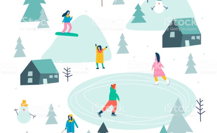 Vector stylized illustration of active young people. Winter season background people vector illustration flat design