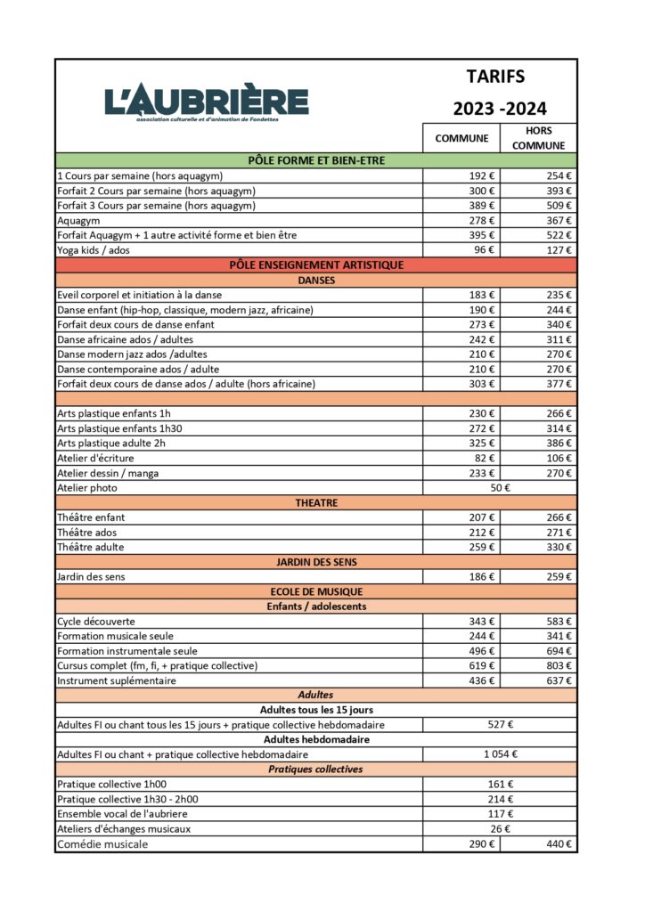 tarifs 2023-2024